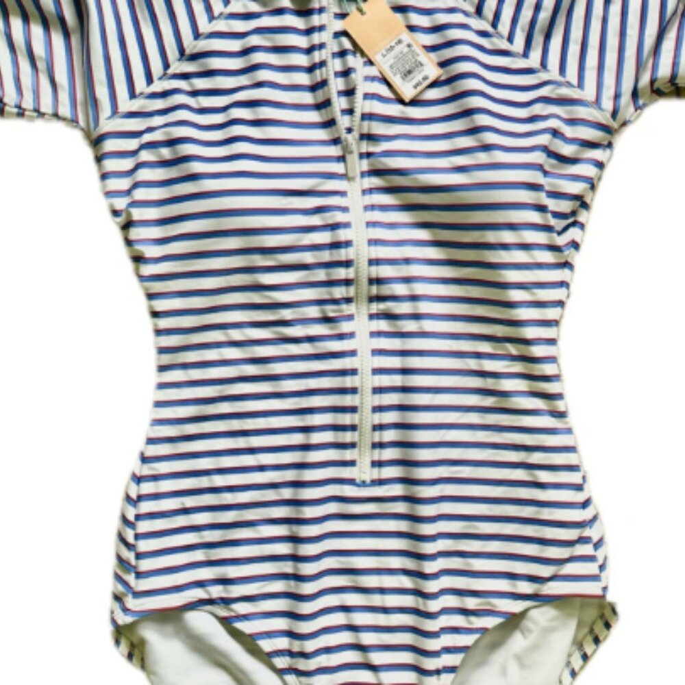 Kona Sol Red White Blue Stripe Rash Guard Full Coverage Swimsuit W Zip Size M